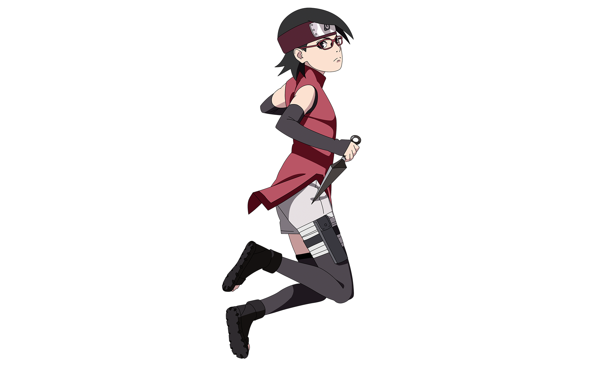 HD PC desktop wallpaper of Sarada Uchiha from the Boruto anime, mid-jump in her red outfit and headband, gripping a short blade against a white background.