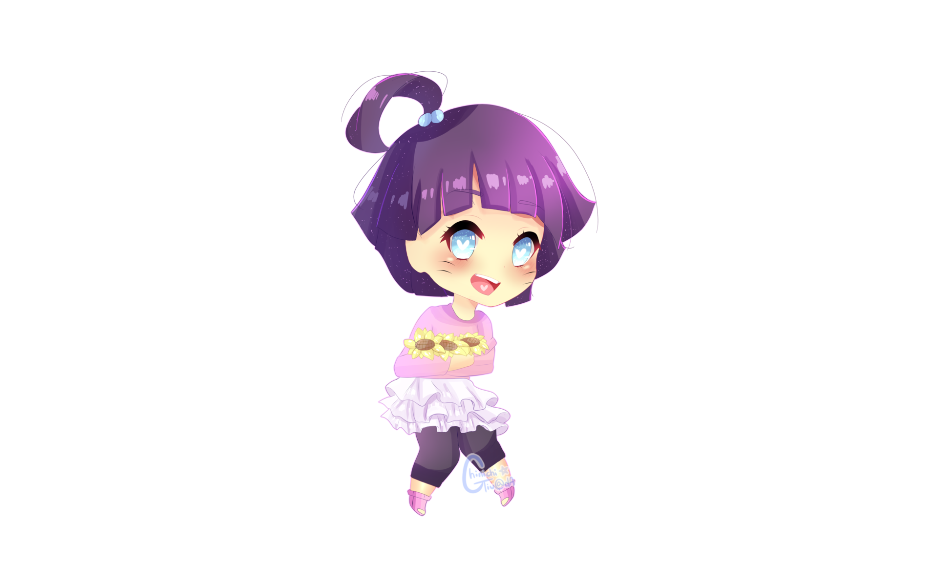 Chibi Himawari Uzumaki from Boruto — kawaii anime character with purple hair and bright blue eyes holding a small cake; HD PC desktop wallpaper/background on a white minimal backdrop.