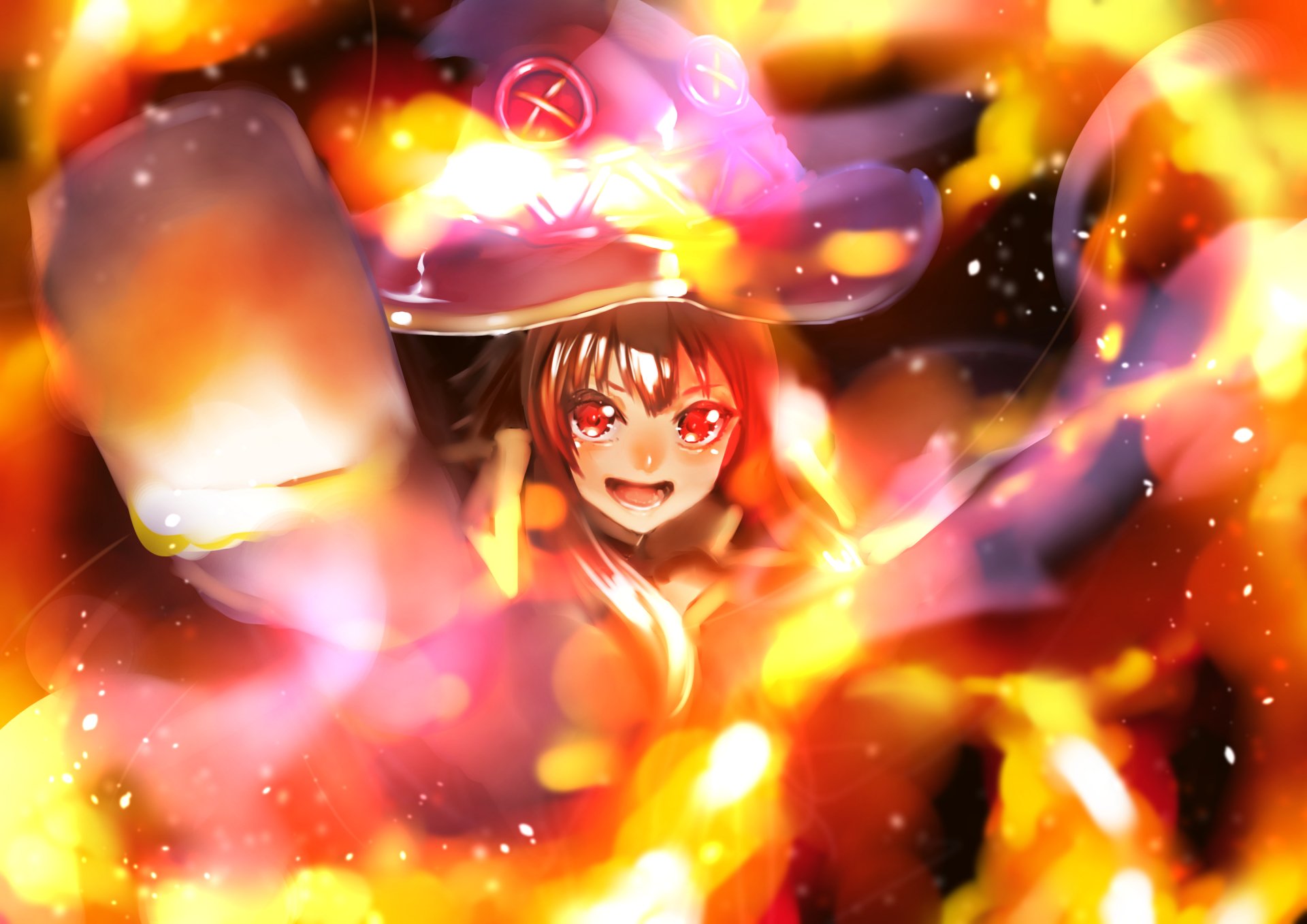 HD PC desktop wallpaper featuring Megumin from the anime KonoSuba - God’s blessing on this wonderful world!! surrounded by glowing magical flames.
