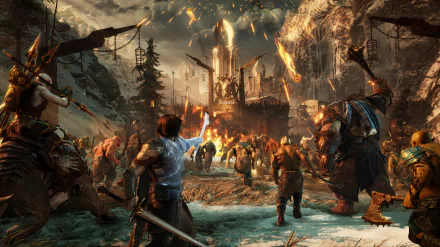 HD wallpaper featuring an intense battle scene from the video game Middle-earth: Shadow of War, with characters charging towards a fiery fortress amidst a snowy, mountainous landscape.