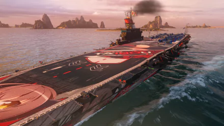HD desktop wallpaper of the Japanese aircraft carrier Taiho from the video game World of Warships, set against a scenic ocean backdrop with distant rocky islands.