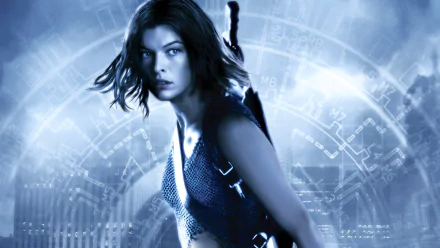 HD desktop wallpaper featuring Milla Jovovich as Alice from the movie Resident Evil: Apocalypse, set against a futuristic, tech-inspired blue background.