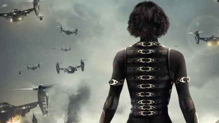 HD PC desktop wallpaper featuring Milla Jovovich as Alice from the movie Resident Evil: Retribution, with drones flying in a smoky, dramatic sky background.