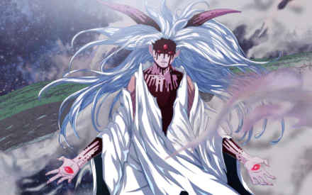 HD PC desktop wallpaper featuring Momoshiki Ōtsutsuki from the anime Boruto, showcasing his striking white hair and mystical aura in a dynamic pose.