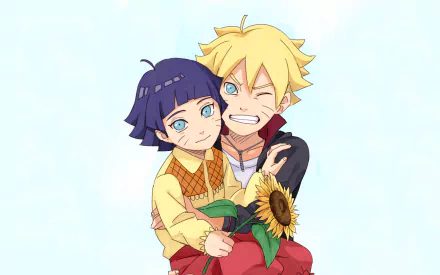 An anime HD desktop wallpaper featuring Himawari Uzumaki and Boruto Uzumaki from the series Boruto. Boruto holds a sunflower while winking, and Himawari smiles sweetly.