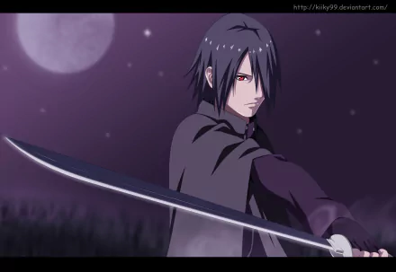 HD desktop wallpaper of Sasuke Uchiha from Boruto, showcasing him in a night scene holding a sword with the moon in the background.