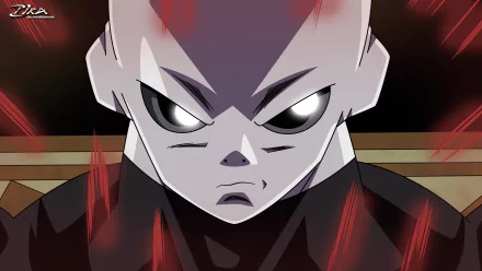 HD desktop wallpaper featuring Jiren from Dragon Ball Super, showcasing a serious expression with a dark background and red aura accents.
