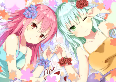 HD PC desktop wallpaper/background of Touhou anime characters Koishi Komeiji and Hata no Kokoro reclining together amid pastel flowers, holding hands in vibrant, colorful art.