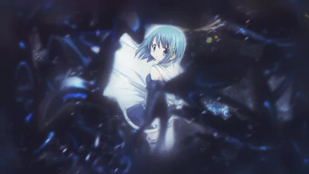 Sayaka Miki (Puella Magi Madoka Magica) in a blue-lit, ethereal pose surrounded by dark petals and light; 2K Quad HD PC desktop wallpaper.
