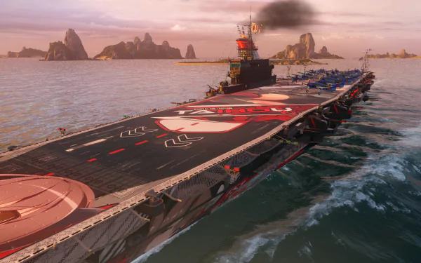 HD desktop wallpaper of the Japanese aircraft carrier Taiho from the video game World of Warships, set against a scenic ocean backdrop with distant rocky islands.