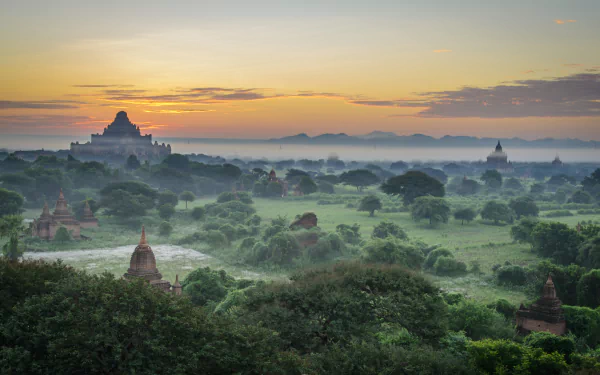 Myanmar fog landscape religious temple HD Desktop Wallpaper | Background Image