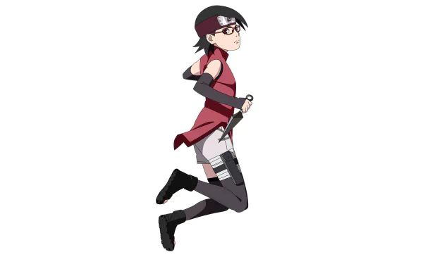 HD PC desktop wallpaper of Sarada Uchiha from the Boruto anime, mid-jump in her red outfit and headband, gripping a short blade against a white background.