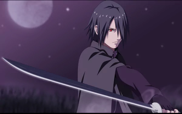 HD desktop wallpaper of Sasuke Uchiha from Boruto, showcasing him in a night scene holding a sword with the moon in the background.