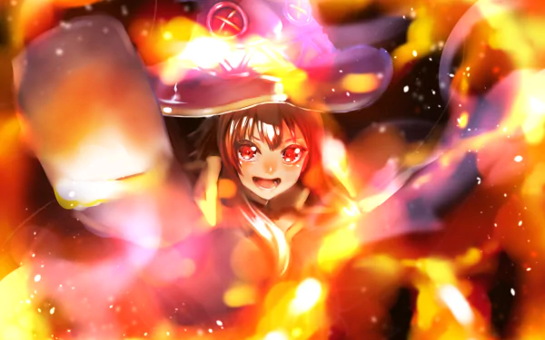 HD PC desktop wallpaper featuring Megumin from the anime KonoSuba - God’s blessing on this wonderful world!! surrounded by glowing magical flames.