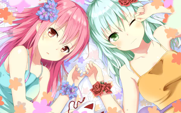 HD PC desktop wallpaper/background of Touhou anime characters Koishi Komeiji and Hata no Kokoro reclining together amid pastel flowers, holding hands in vibrant, colorful art.
