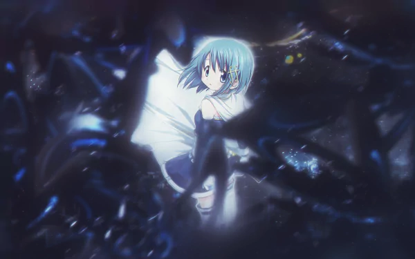 Sayaka Miki (Puella Magi Madoka Magica) in a blue-lit, ethereal pose surrounded by dark petals and light; 2K Quad HD PC desktop wallpaper.