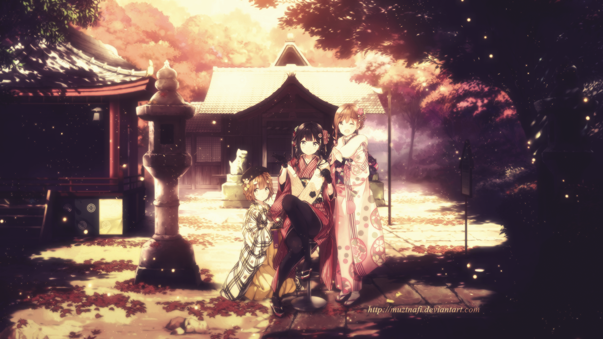 HD PC desktop wallpaper featuring Aki Adagaki and other characters from the anime Masamune-kun's Revenge in a serene, autumn-lit shrine setting.