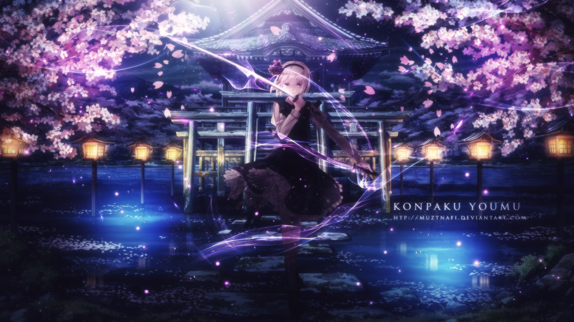 A vibrant HD wallpaper featuring Youmu Konpaku from the anime Touhou, set against a mystical backdrop of cherry blossoms and serene waters, exuding a magical atmosphere.