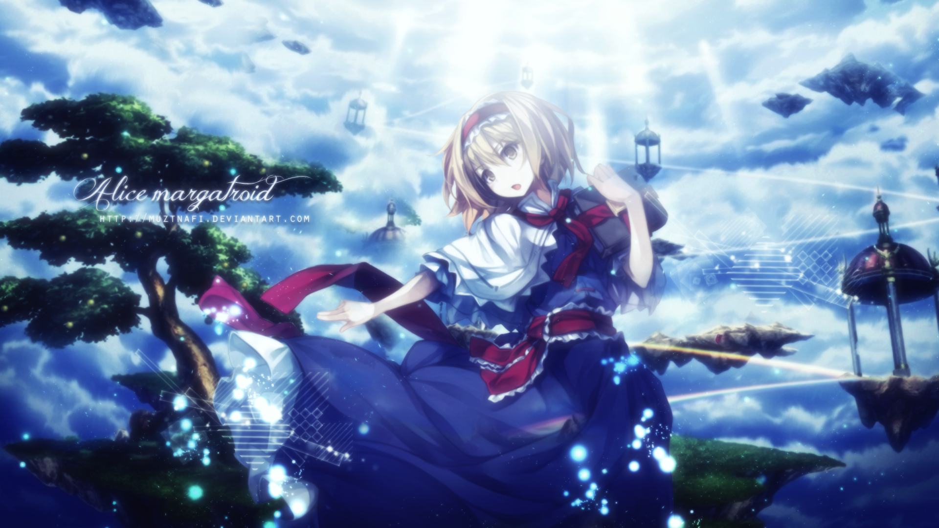 HD anime desktop wallpaper featuring Alice Margatroid from Touhou, surrounded by glowing particles and a bright, cloudy sky backdrop.