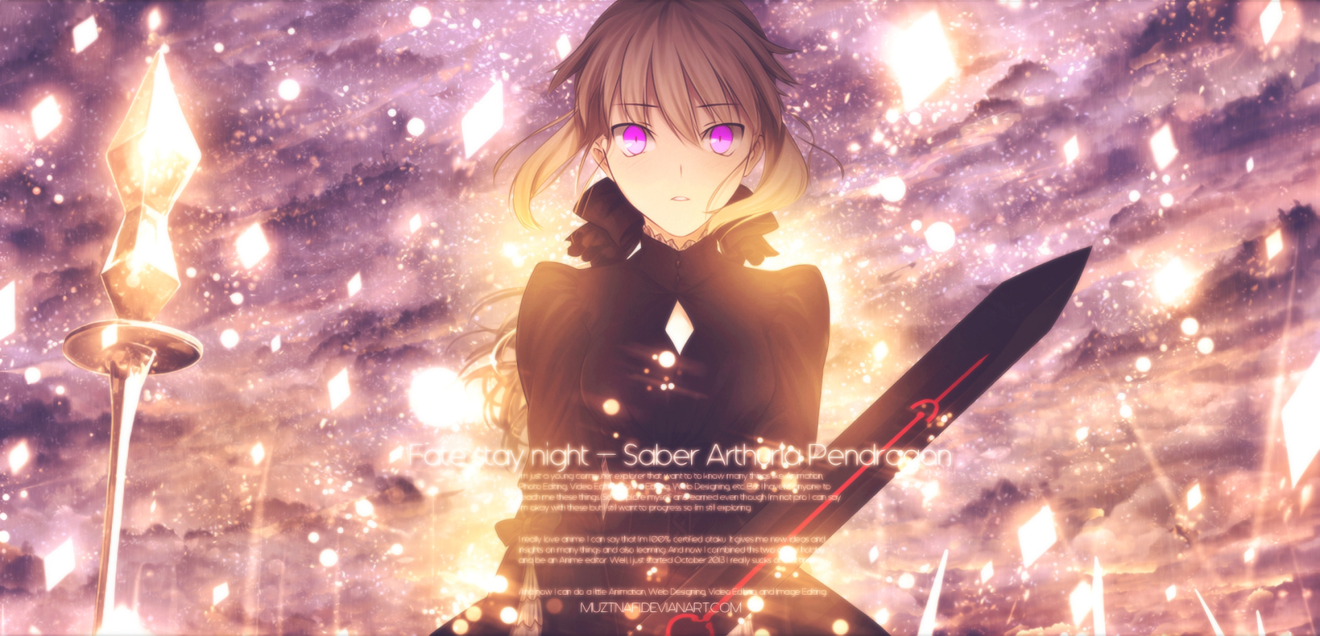 Saber (Artoria Pendragon) from Fate/stay Night: Heaven's Feel — anime HD PC desktop wallpaper of her in dark armor, glowing purple eyes, holding a greatsword amid sparkling light.