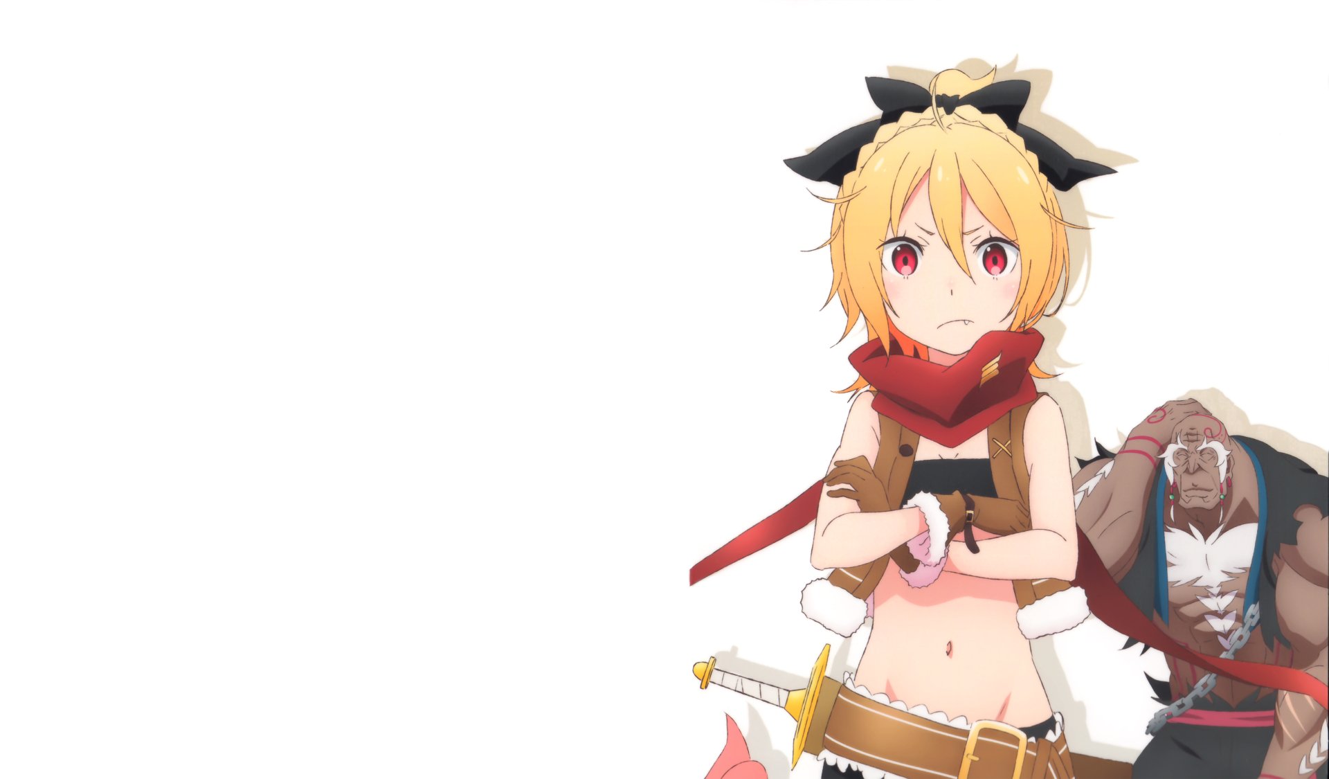 Felt from Re:ZERO - Starting Life in Another World stands confidently with a red scarf and sword, in this 4K Ultra HD anime desktop wallpaper.