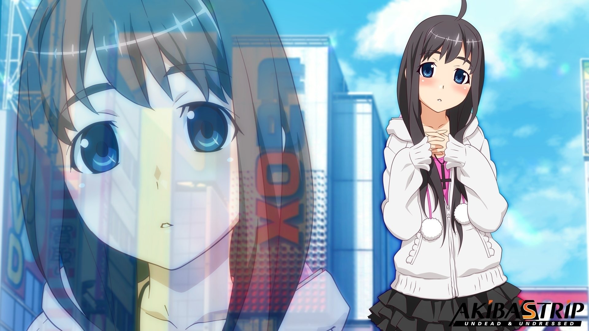 Anime Akiba's Trip HD PC desktop wallpaper/background: blue-eyed girl in a white hoodie before city buildings, with a translucent close-up portrait against a bright sky.