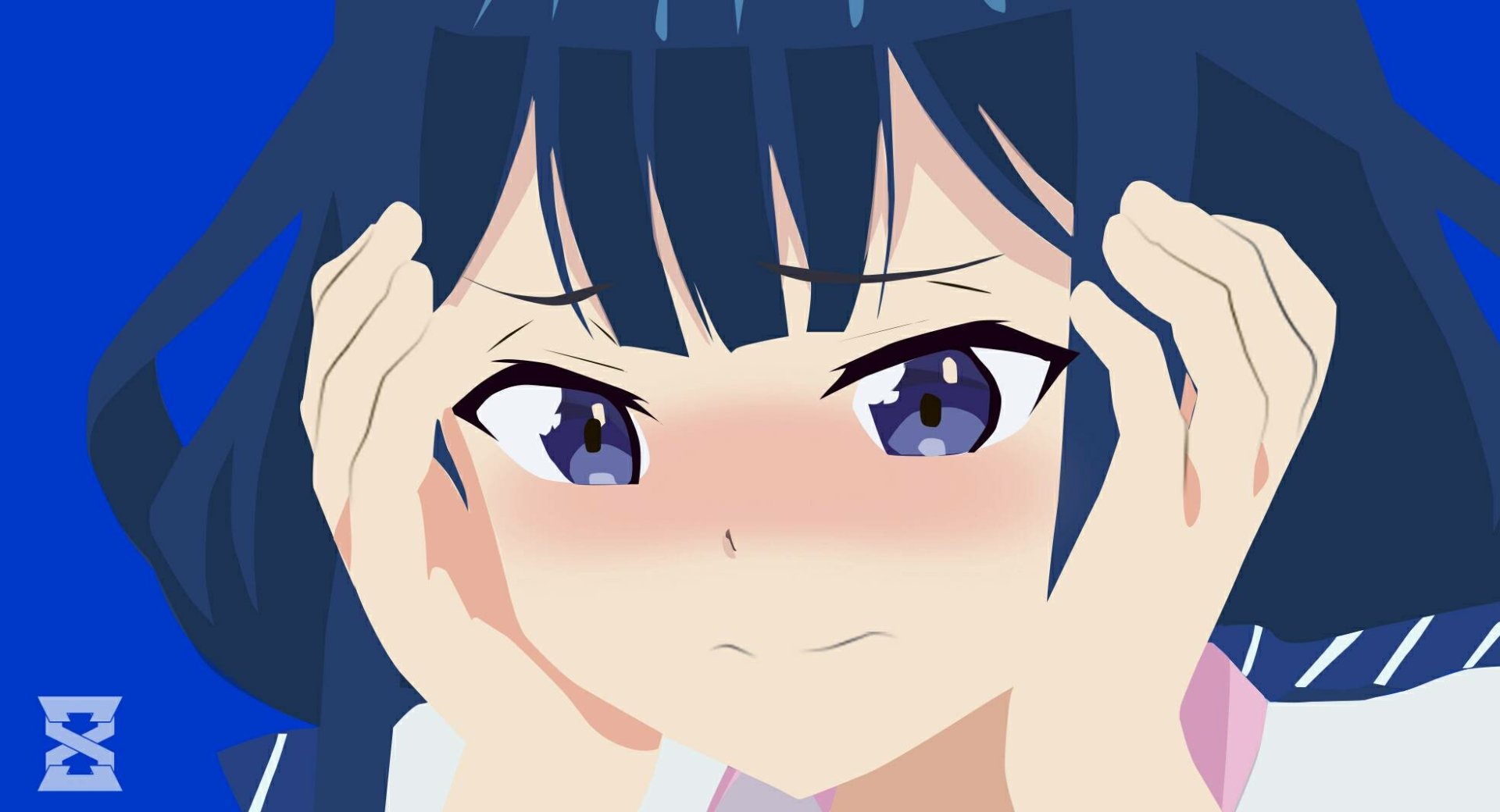 Close-up of Aki Adagaki from Masamune-kun's Revenge, blushing and pressing her temples; anime HD PC desktop wallpaper background in deep blue tones.