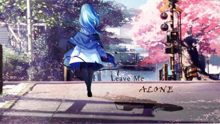 HD anime PC desktop wallpaper featuring a blue-haired character walking away on a sunlit street lined with cherry blossoms, accompanied by the text Leave Me Alone.