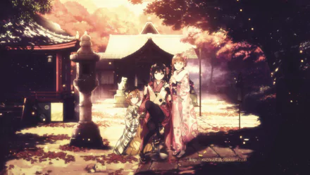 HD PC desktop wallpaper featuring Aki Adagaki and other characters from the anime Masamune-kun's Revenge in a serene, autumn-lit shrine setting.