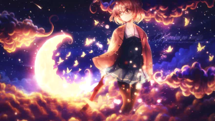 HD desktop wallpaper featuring a character from the anime Kyoukai no Kanata (Beyond the Boundary), standing among glowing clouds with a crescent moon and butterflies in the night sky.