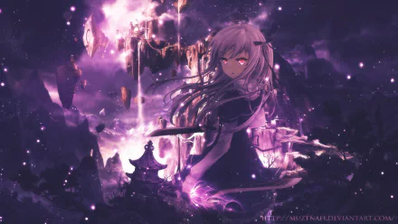 HD desktop wallpaper featuring a character from the anime Absolute Duo with long flowing hair, set against a mystical, purple-hued background with glowing elements.