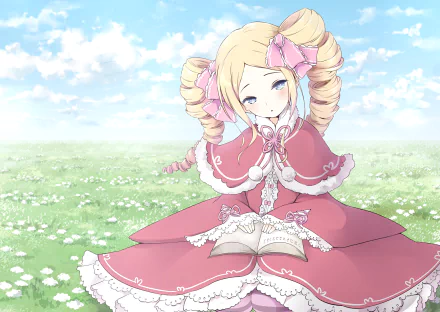 HD anime desktop wallpaper featuring Beatrice from Re:Zero - Starting Life in Another World, set against a bright sky and a field of white flowers.