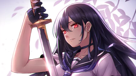HD desktop wallpaper featuring Akame from the anime Akame ga Kill! holding a sword with a calm, determined expression, set against a light background with abstract leaf patterns.