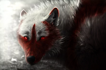A fantasy-themed HD PC desktop wallpaper of a wolf with striking red eyes and an intense stare, highlighted by dramatic red markings on its fur.