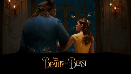 HD desktop wallpaper from the 2017 movie Beauty and the Beast featuring Emma Watson as Belle and the Beast in a dimly lit ballroom scene.