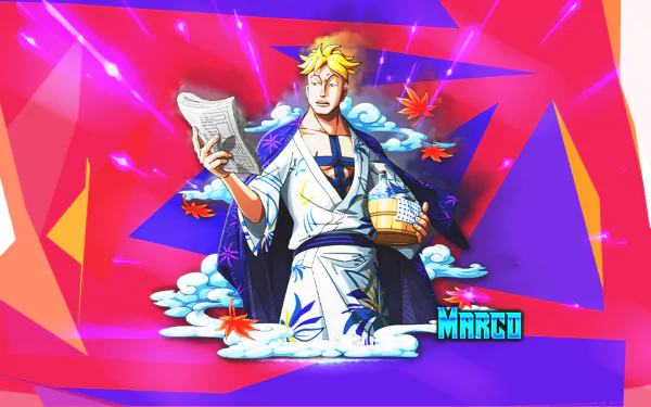 A vibrant HD desktop wallpaper featuring Marco from the anime One Piece, depicted holding a document amidst a colorful, abstract background with leaves and clouds.