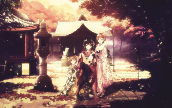 HD PC desktop wallpaper featuring Aki Adagaki and other characters from the anime Masamune-kun's Revenge in a serene, autumn-lit shrine setting.