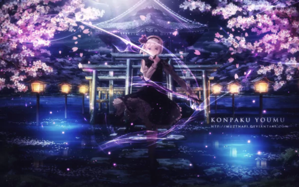 A vibrant HD wallpaper featuring Youmu Konpaku from the anime Touhou, set against a mystical backdrop of cherry blossoms and serene waters, exuding a magical atmosphere.
