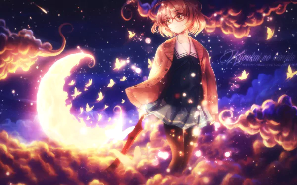 HD desktop wallpaper featuring a character from the anime Kyoukai no Kanata (Beyond the Boundary), standing among glowing clouds with a crescent moon and butterflies in the night sky.