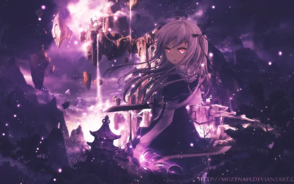 HD desktop wallpaper featuring a character from the anime Absolute Duo with long flowing hair, set against a mystical, purple-hued background with glowing elements.