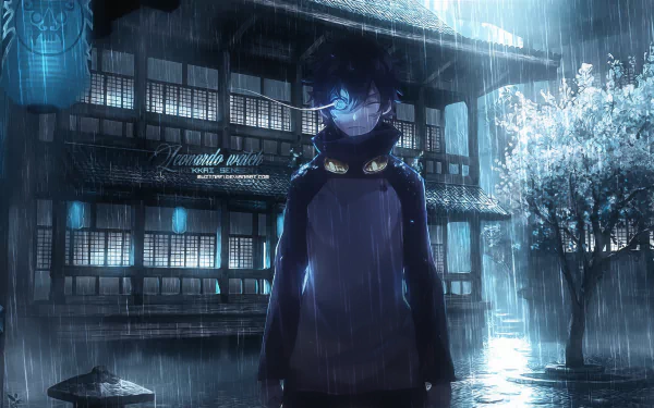 HD anime desktop wallpaper featuring a moody scene from Blood Blockade Battlefront with a character standing in the rain before a traditional illuminated building.