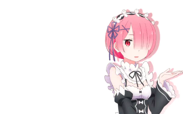 Ram from the anime Re:Zero - Starting Life in Another World is featured in this 4K Ultra HD PC desktop wallpaper with a white background.