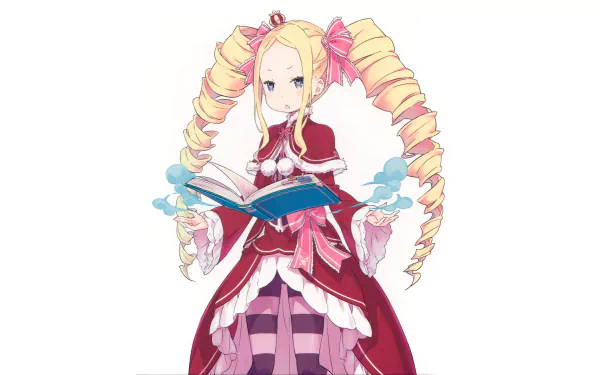 Beatrice from Re:Zero - Starting Life in Another World stands with an open book, shown in vibrant 4K Ultra HD anime style for PC desktop wallpaper.