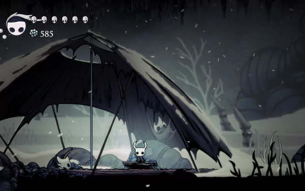 4K Ultra HD Hollow Knight PC wallpaper featuring the silent protagonist resting under a large broken wing in a dark, eerie environment from the video game Hollow Knight.