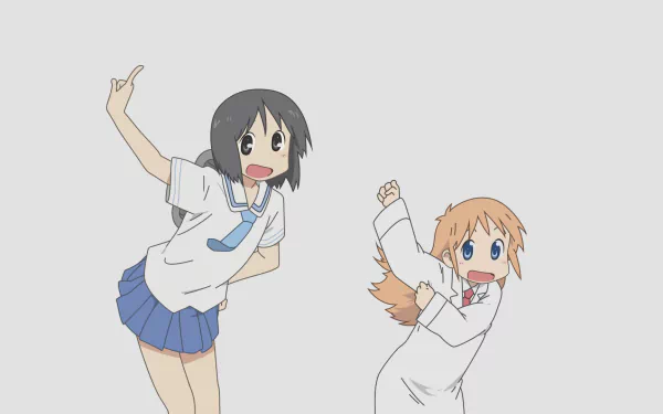HD anime desktop wallpaper featuring Hakase and Nano Shinonome from Nichijō, showcasing their energetic and playful poses against a minimalist background.
