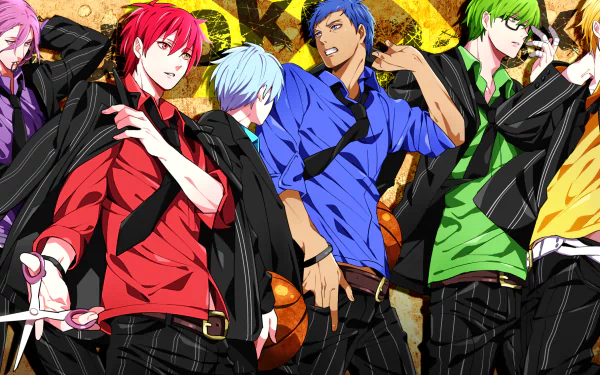 Anime characters from Kuroko's Basketball stand confidently in colorful attire. This HD desktop wallpaper showcases a vibrant and dynamic background with members of the basketball team posing intensely.