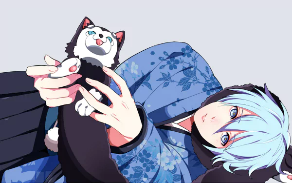 HD desktop wallpaper featuring Tetsuya Kuroko from the anime Kuroko's Basketball lying down, holding a cat, dressed in a blue kimono with floral patterns.