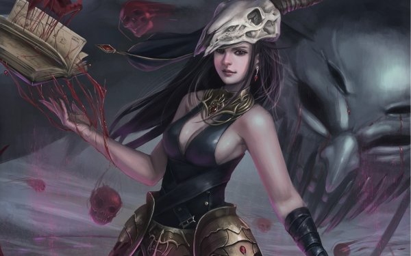 Fantasy Witch Skull Long Hair Black Hair Book Magic Blood HD Wallpaper | Background Image