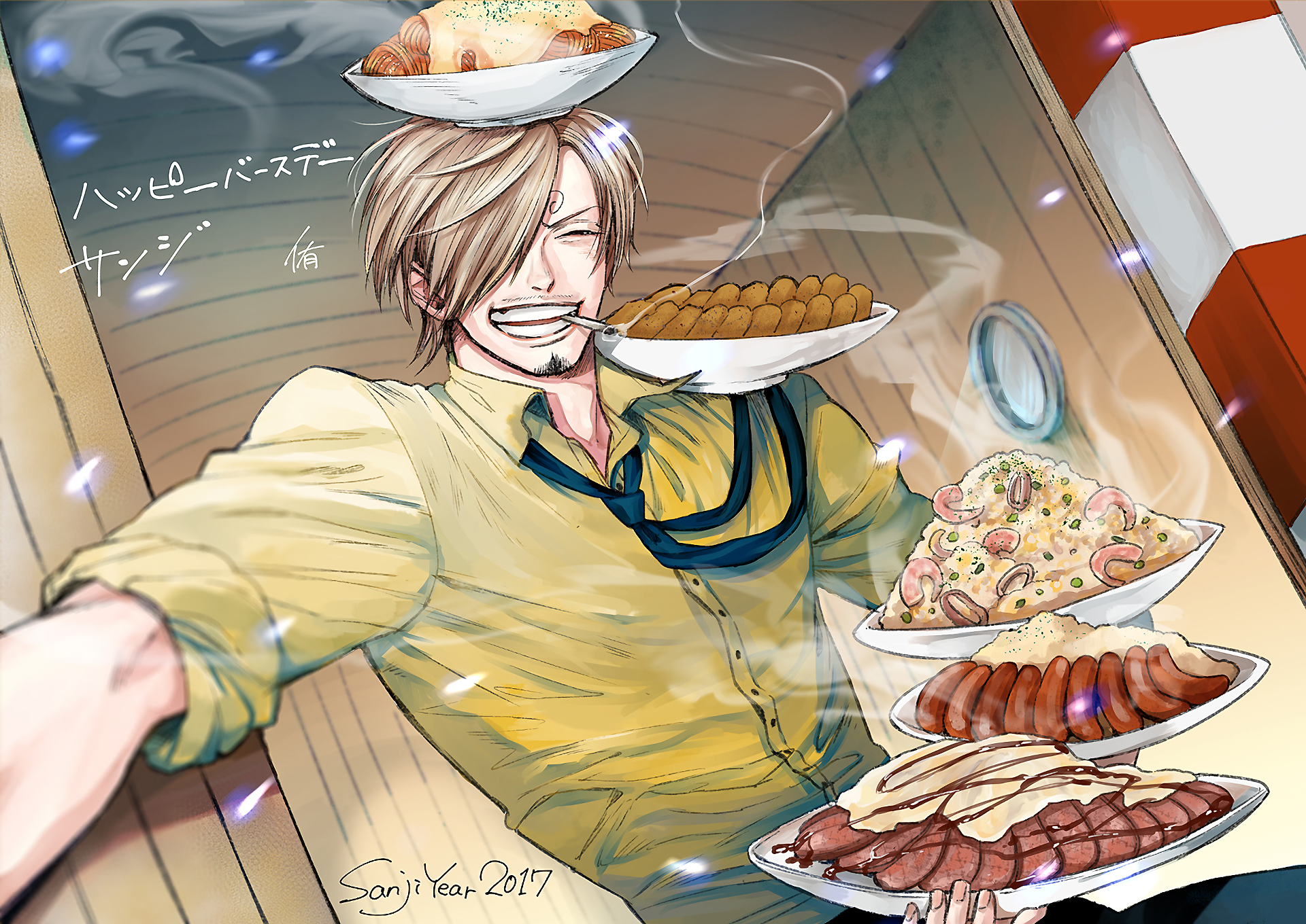 HD PC desktop wallpaper featuring Sanji from One Piece, anime style, grinning with multiple plates of food in hand inside a ship interior.