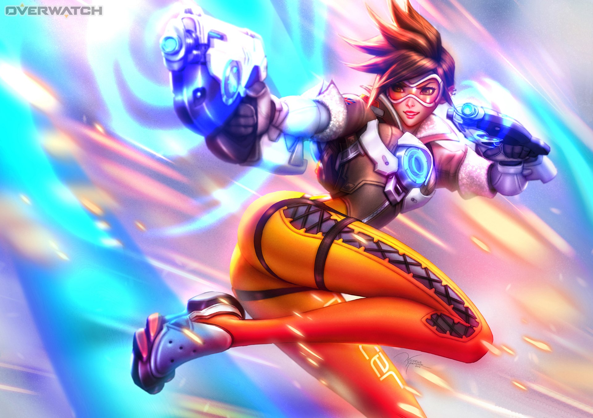 HD desktop wallpaper featuring Tracer from the video game Overwatch, showcasing her in an action pose with vibrant, dynamic colors in the background.